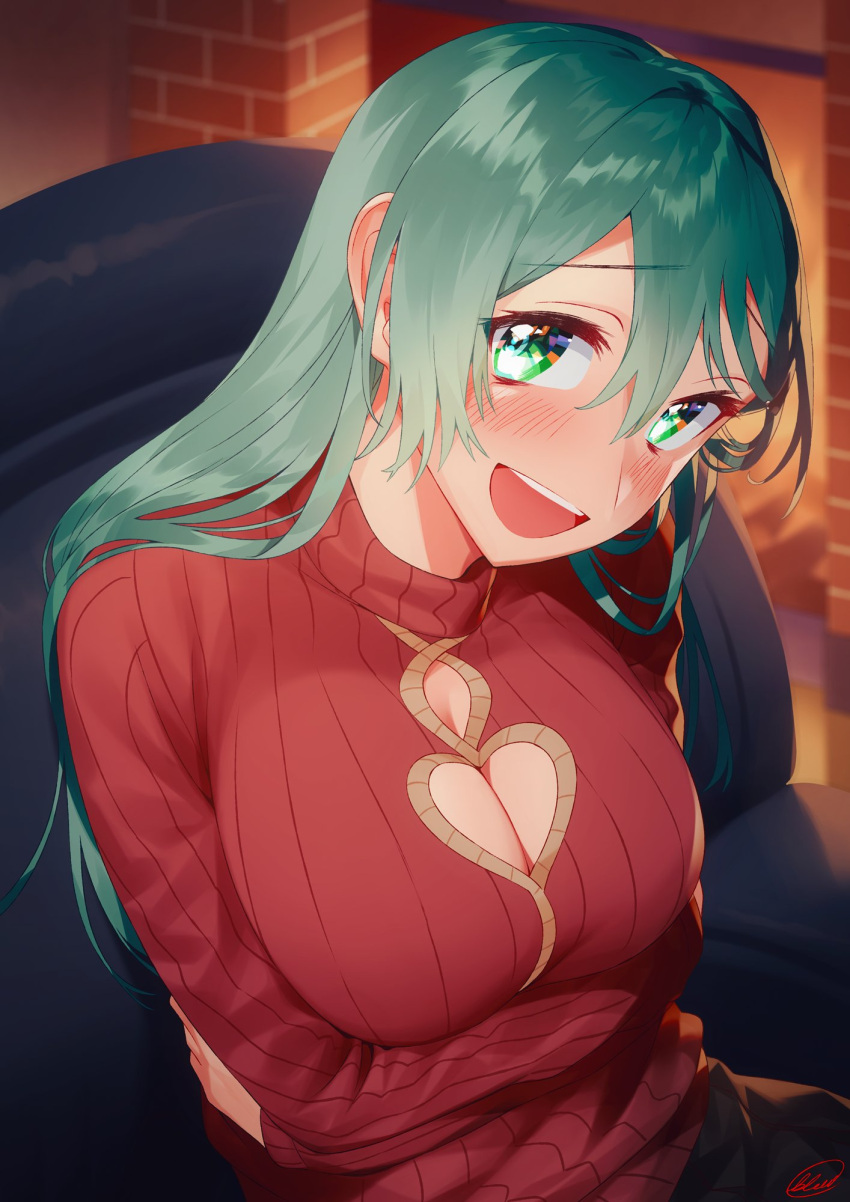 1girl blew_andwhite blush breasts breasts_day cleavage_cutout clothing_cutout eyebrows_visible_through_hair green_eyes green_hair hair_between_eyes hair_ornament hairclip highres kantai_collection large_breasts long_hair long_sleeves open_mouth red_sweater ribbed_sweater signature solo suzuya_(kancolle) sweater