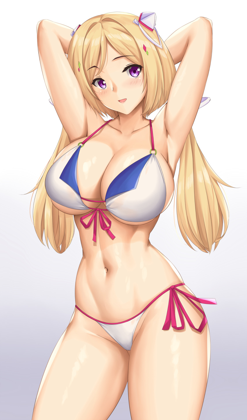 1girl aki_rosenthal arciealbano armpits arms_up bikini blonde_hair breasts cleavage eyebrows_visible_through_hair hair_ornament headgear highres hololive large_breasts navel purple_eyes shiny shiny_skin side-tie_bikini solo standing swimsuit thighs virtual_youtuber white_bikini