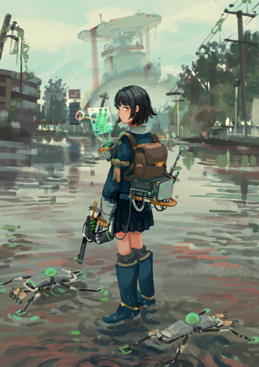 1girl absurdres backpack bag black_hair black_skirt blue_eyes blue_footwear blue_jacket boots building closed_mouth commentary_request flood full_body gloves grey_gloves highres holding holding_weapon holographic_interface jacket katakai knee_boots looking_at_viewer looking_back original outdoors pleated_skirt post-apocalypse power_lines robot rubber_boots short_hair skirt solo utility_pole water weapon
