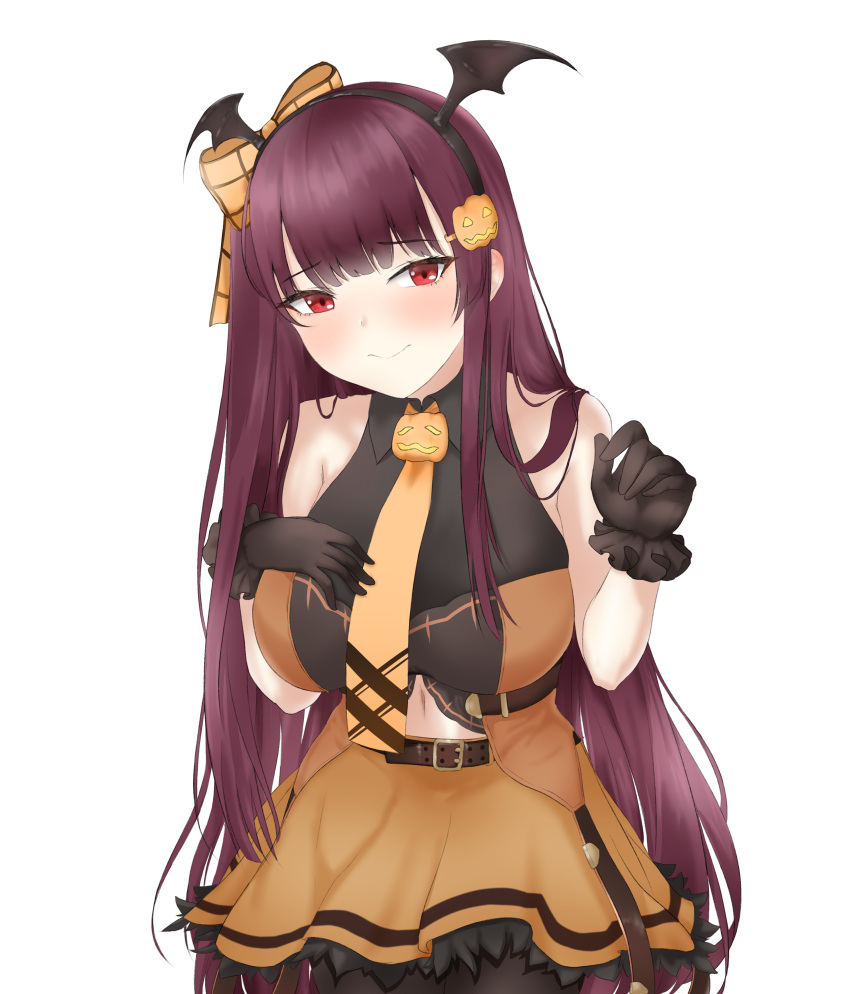 1girl absurdres bangs bare_shoulders bat_wings black_gloves black_hairband black_legwear blunt_bangs bodysuit breasts closed_mouth commentary_request embarrassed eyebrows_visible_through_hair frilled_gloves frilled_skirt frills girls'_frontline gloves hairband halloween highres juinm95 large_breasts long_hair midriff necktie orange_skirt pantyhose purple_hair simple_background skirt solo wa2000_(girls'_frontline) white_background wings yellow_necktie