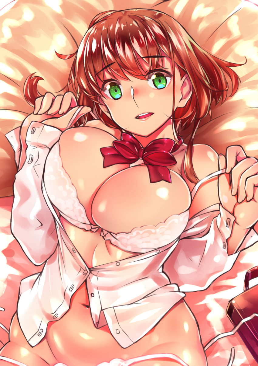 1girl bag bow bowtie bra breasts brown_hair chiha_(abo_ecm_mk25) cleavage cowboy_shot green_eyes highres large_breasts looking_at_viewer lying navel on_back open_clothes open_mouth open_shirt original panties plump red_bow school_bag shiny shiny_skin shirt short_hair side-tie_panties solo thighs underwear undressing untied untied_panties white_bra white_panties white_shirt
