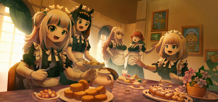5girls :d absurdres alternate_costume apron bangs black_dress black_eyes blonde_hair blue_eyes blue_hair cake center_frills dress dutch_angle enmaided flower flower_pot food fork frills gawr_gura gloves gooster green_hair grey_hair hand_on_hip highres holding holding_fork hololive hololive_english holomyth indoors long_hair looking_at_another looking_at_viewer maid maid_apron maid_headdress medium_hair mori_calliope multicolored_hair multiple_girls ninomae_ina'nis open_mouth picture_(object) pink_hair puffy_short_sleeves puffy_sleeves red_eyes red_hair short_sleeves side_ponytail smile smol_ame table tablecloth takanashi_kiara teapot two_side_up very_long_hair virtual_youtuber watson_amelia white_apron