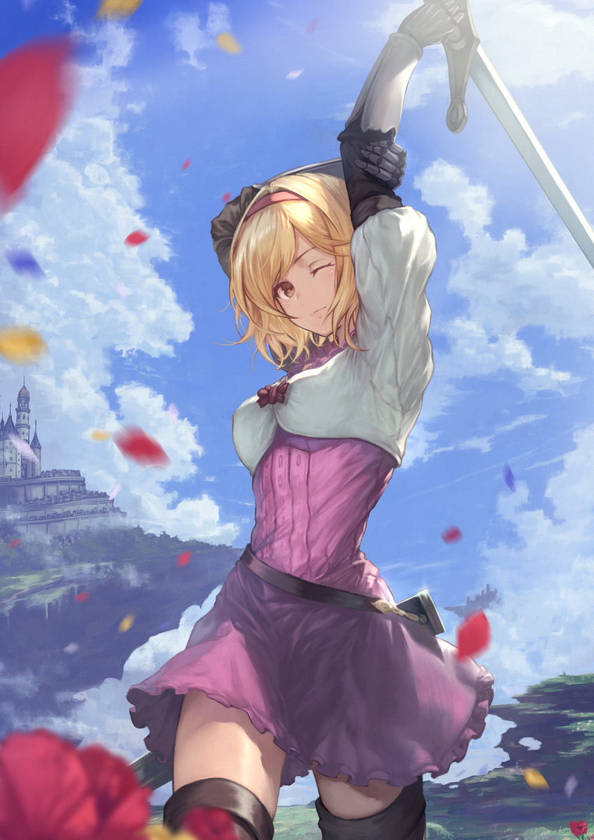 1girl absurdres arm_up blonde_hair boots bow breasts castle cloud commentary cowboy_shot day djeeta_(granblue_fantasy) dress fighter_(granblue_fantasy) floating_island flower gauntlets granblue_fantasy hair_intakes highres holding holding_own_arm holding_sword holding_weapon long_sleeves looking_at_viewer medium_breasts one_eye_closed outdoors petals pink_dress sheath short_hair smile solo sword thigh_boots thighhighs weapon yasu_(segawahiroyasu)