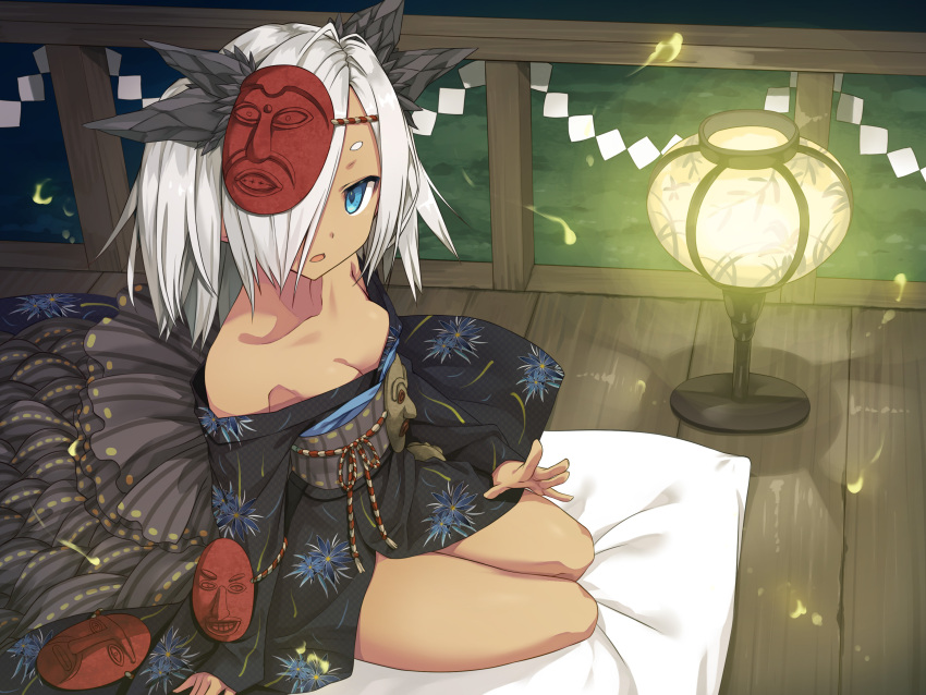 1girl arm_support ayakashi_kyoushuutan bare_shoulders black_kimono blue_eyes breasts cleavage collarbone commentary_request cura dark-skinned_female dark_skin floral_print hair_ornament hair_over_one_eye highres indoors japanese_clothes kimono lantern looking_at_viewer looking_to_the_side mask mask_removed monobeno nanatsurao off_shoulder official_art parted_lips pillow shide short_hair silver_hair sitting small_breasts solo thick_eyebrows thighs wooden_floor yokozuwari