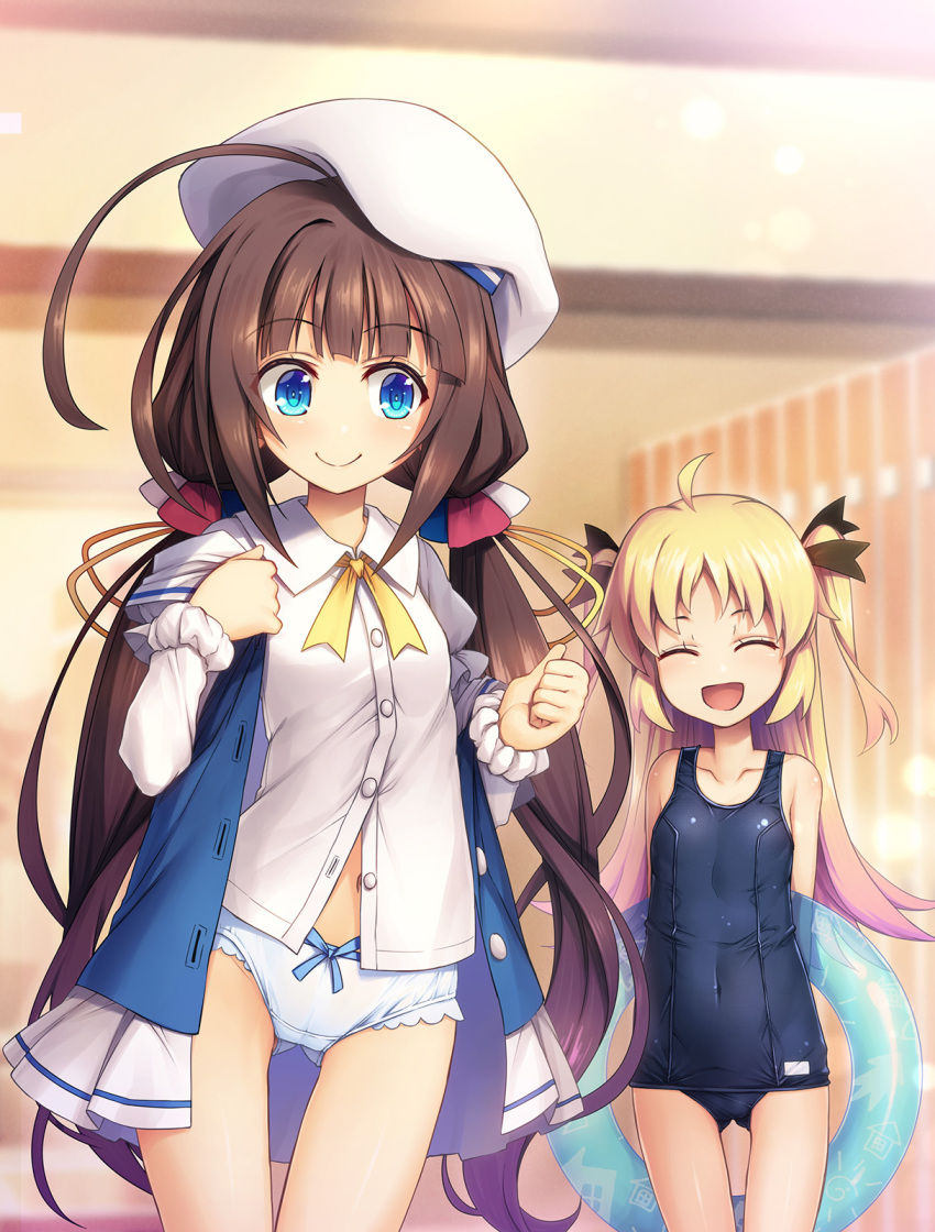 2girls :d ^_^ ahoge ass_visible_through_thighs beret black_ribbon blonde_hair blue_eyes blurry blurry_background charlotte_izoard chima_q closed_eyes collarbone commentary_request covered_navel eyebrows_visible_through_hair hair_ribbon hat highres hinatsuru_ai indoors innertube long_hair low_twintails multiple_girls navel no_pants panties partially_unbuttoned ribbon ryuuou_no_oshigoto! school_swimsuit shirt smile swimsuit thigh_gap twintails two_side_up underwear undressing very_long_hair white_panties white_shirt