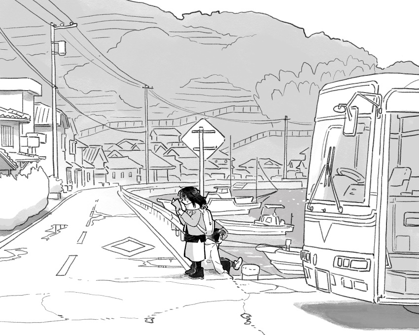2girls backpack bag boots building bus bush coat commentary greyscale ground_vehicle harbor highres holding holding_map long_hair map monochrome motor_vehicle muji_(uimss) multiple_girls original outdoors power_lines reading road road_sign sign sitting standing sweatdrop utility_pole wide_shot