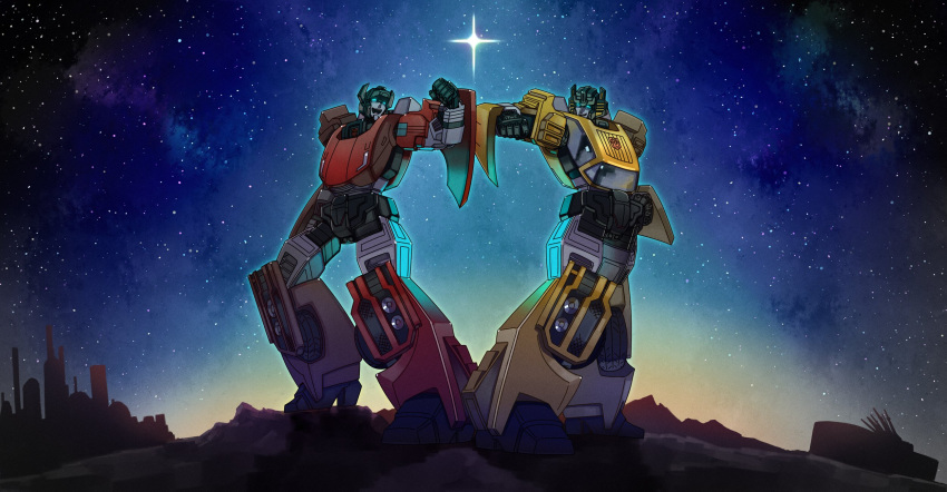 2boys autobot clenched_hand hand_on_hip highres insignia mecha multiple_boys open_mouth rai_mugi science_fiction sideswipe smile standing star_(sky) sunstreaker transformers