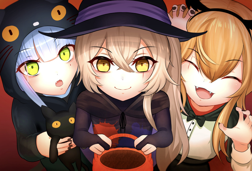 3girls absurdres animal_costume bangs black_cat blonde_hair blue_hair blunt_bangs blush cat cat_costume closed_eyes closed_mouth costume eyebrows_visible_through_hair fangs girls'_frontline green_eyes guchagucha halloween halloween_costume hat headband heckler_&amp;_koch highres hk416_(girls'_frontline) long_hair looking_at_viewer multiple_girls open_mouth scar scar_across_eye scar_on_face simple_background smile teardrop_tattoo trick_or_treat ump45_(girls'_frontline) ump9_(girls'_frontline) witch witch_hat yellow_eyes younger