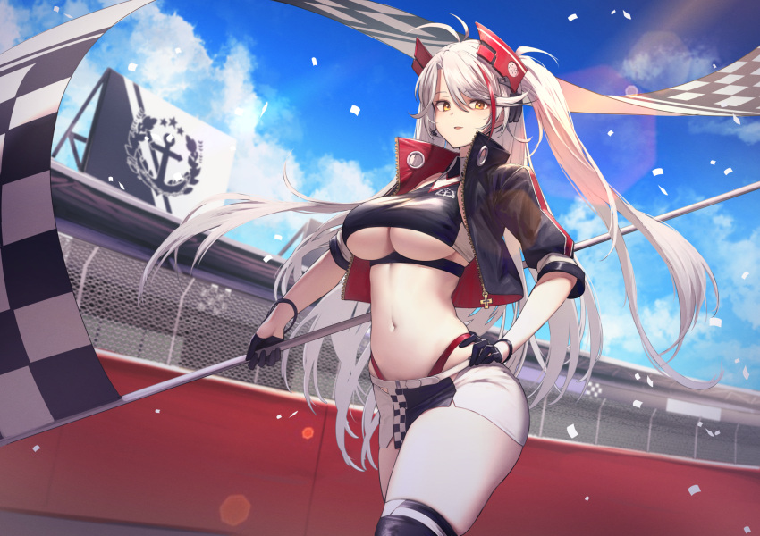 1girl antenna_hair azur_lane bangs black_gloves black_jacket black_legwear black_shirt blue_sky breasts checkered checkered_flag cleavage cloud commentary_request confetti cowboy_shot crop_top cropped_jacket cropped_shirt day eyebrows_visible_through_hair flag gloves hair_between_eyes half_gloves halterneck hand_on_hip headgear highleg highleg_panties highres holding holding_flag itaco jacket large_breasts long_hair looking_at_viewer miniskirt multicolored_hair navel official_alternate_costume open_clothes open_jacket panties panty_straps parted_lips prinz_eugen_(azur_lane) prinz_eugen_(final_lap)_(azur_lane) race_queen red_hair red_panties shirt skirt sky solo standing stomach streaked_hair thick_thighs thighhighs thighs thong two_side_up underboob underwear very_long_hair white_hair white_skirt yellow_eyes zipper