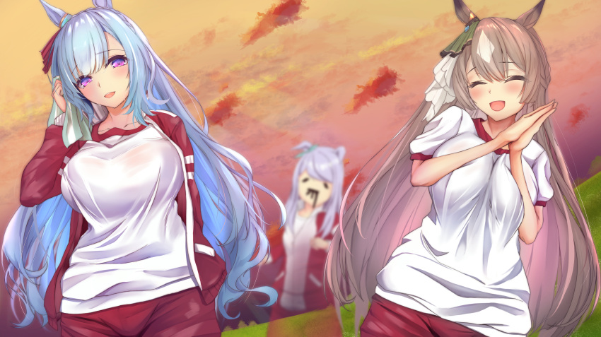 3girls absurdres animal_ears blue_hair bow breast_envy breasts brown_hair ear_ornament eyebrows_visible_through_hair green_bow gym_shirt gym_shorts highres horse_ears horse_girl jacket large_breasts light_brown_hair light_purple_hair long_hair long_sleeves mejiro_ardan_(umamusume) mejiro_mcqueen_(umamusume) multicolored_hair multiple_girls purple_eyes red_jacket red_shorts satono_diamond_(umamusume) see-through shirt shorts spekkio36 towel track_jacket two-tone_hair umamusume wiping_sweat