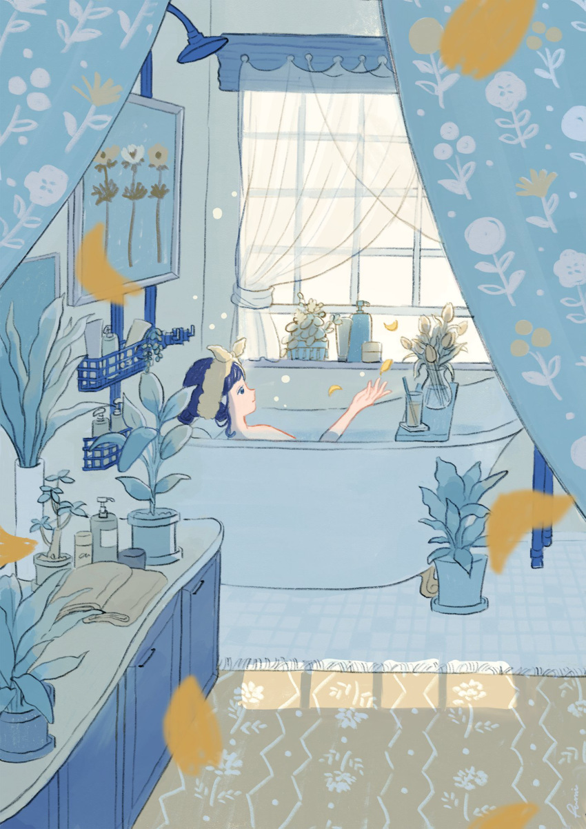 1girl bath bathing bathroom bathtub blue_hair claw_foot_bathtub curtains flower flowerpot fumi_futamori highres indoors original petals plant slipper_bathtub window