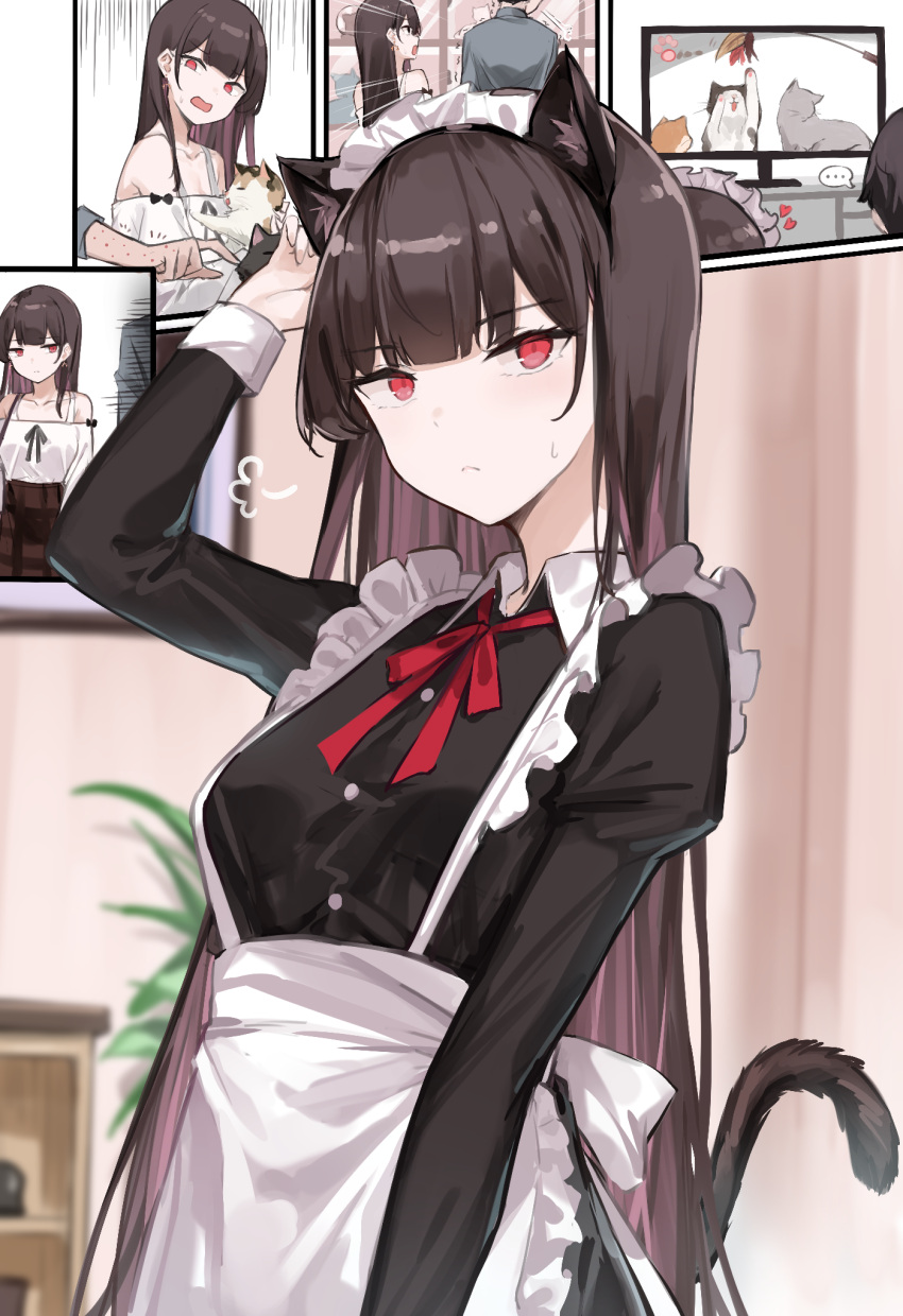 ... 1girl 7gao allergy animal_ear_fluff animal_ears apron bangs bare_shoulders black_dress black_hair blunt_bangs bow bowtie cat cat_ears cat_tail closed_mouth collarbone dress frills hand_up highres long_sleeves looking_at_viewer maid_apron maid_headdress multiple_views off-shoulder_shirt off_shoulder open_mouth original rash shirt sidelocks skirt sweatdrop tail television wrist_cuffs