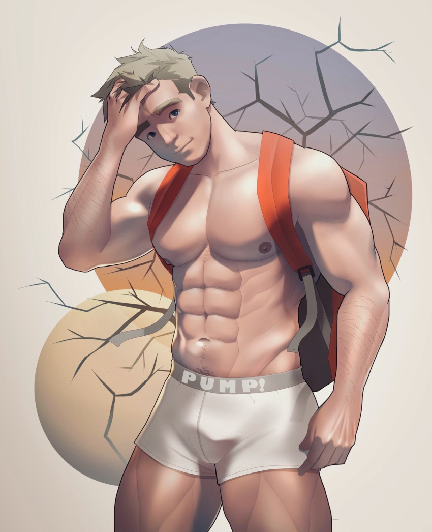 1boy abs arm_hair backpack bag bara blonde_hair blue_eyes boxers closed_mouth commentary english_commentary hand_on_own_head highres large_pectorals looking_at_viewer male_focus male_underwear muscular muscular_male navel nerdyart1 nipples original pectorals short_hair smile solo thick_eyebrows thick_thighs thighs topless_male underwear white_male_underwear