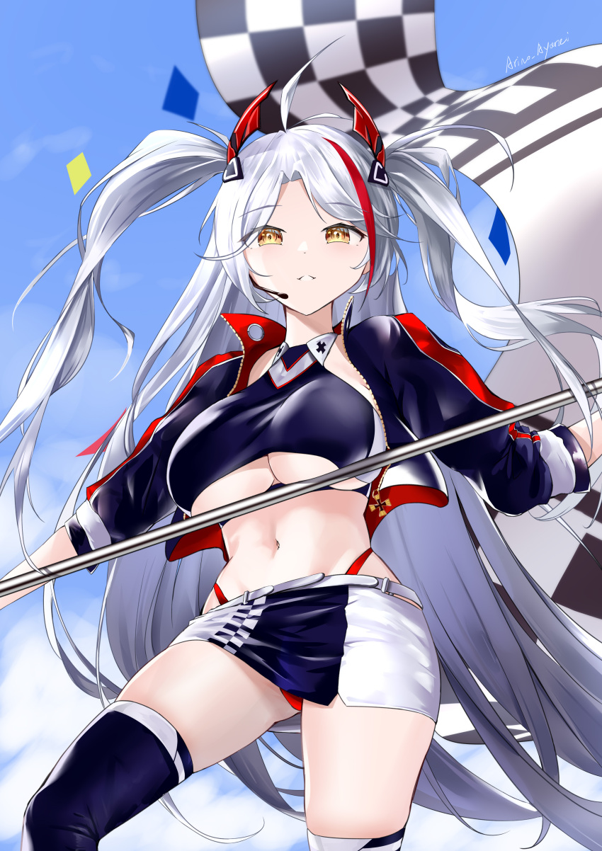 1girl absurdres arino_ayarei azur_lane blue_sky breasts crop_top cropped_shirt eyebrows_visible_through_hair eyes_visible_through_hair flag headgear highres holding holding_flag jacket large_breasts long_hair looking_at_viewer microskirt midriff official_alternate_costume outdoors panties prinz_eugen_(azur_lane) prinz_eugen_(final_lap)_(azur_lane) purple_jacket purple_legwear race_queen red_hair red_panties silver_hair skirt sky solo standing thighhighs underboob underwear very_long_hair yellow_eyes zipper