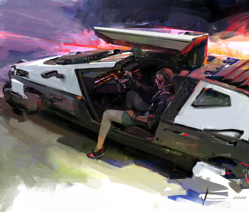 1girl absurdres brown_hair car dark-skinned_female dark_skin delorean ground_vehicle gullwing_doors highres john_liberto looking_to_the_side medium_hair motor_vehicle original science_fiction sitting solo sunglasses vehicle_focus