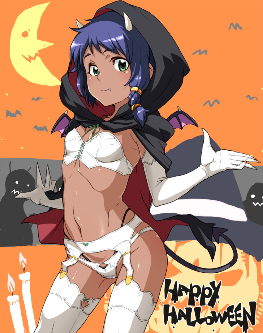 1girl alice_gear_aegis bat bat_wings black_hoodie blue_hair bra candle commentary_request dark_skin demon_tail elbow_gloves fang garter_belt gloves green_eyes halloween highleg highleg_panties highres hood hoodie moon panties shanti_rana solo tabigarasu tail underwear white_bra white_garter_belt white_gloves white_legwear white_panties wings