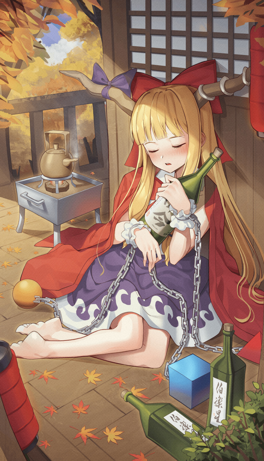 1girl absurdres alcohol autumn autumn_leaves bangs bare_shoulders barefoot bathrobe blonde_hair blue_sky blush bottle bow bowtie branch chain closed_eyes cloud cloudy_sky collar collared_shirt door floor goback hands_up highres horns ibuki_suika kettle leaf long_hair long_sleeves open_clothes open_mouth purple_bow purple_skirt red_bow red_bowtie shadow shirt shrine sitting skirt sky sleeping sleeveless sleeveless_shirt solo sunlight touhou tree wide_sleeves window wrist_cuffs wristband