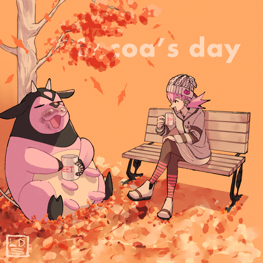 1girl :d against_tree alternate_costume autumn autumn_leaves bangs beanie bench brown_legwear closed_eyes commentary_request crossed_legs cup eyelashes grey_headwear hat highres holding holding_cup hot_chocolate how_long long_hair long_sleeves miltank mug open_mouth outdoors pantyhose pink_hair pokemon pokemon_(creature) pokemon_(game) pokemon_gsc shoes sitting smile spiked_hair tree white_footwear whitney_(pokemon)