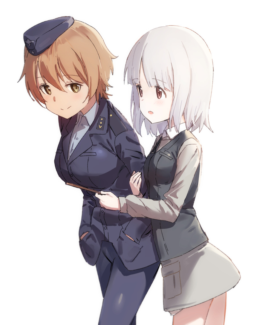 2girls brave_witches brown_eyes brown_hair edytha_rossmann garrison_cap hands_in_pockets hat highres holding_another's_arm looking_at_another mejina military military_uniform multiple_girls silver_hair simple_background smile uniform vest waltrud_krupinski white_background world_witches_series yuri