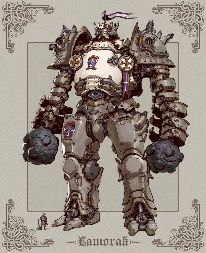 1other absurdres ambiguous_gender armor blue_eyes character_name emerson_tung fantasy flag full_armor hammer highres holding holding_hammer looking_up mecha original photoshop_(medium) size_difference standing watermark web_address