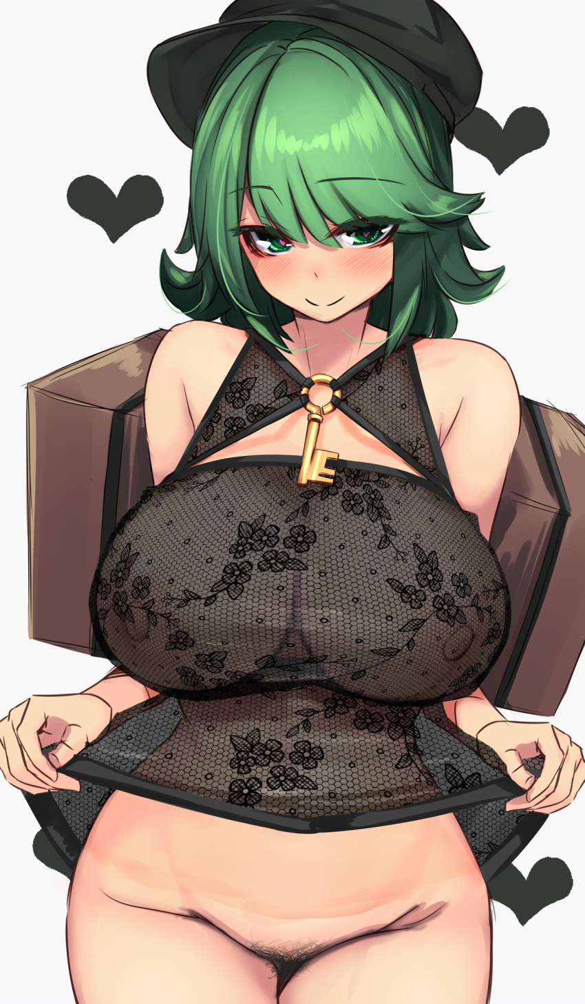 1girl alternate_breast_size areolae armpit_crease bag bangs black_headwear blush breasts cabbie_hat cowboy_shot eyebrows_visible_through_hair female_pubic_hair floral_print green_eyes green_hair hat heart heart-shaped_pupils highres key large_areolae large_breasts lingerie looking_at_viewer negligee no_panties pubic_hair puffy_nipples see-through short_hair simple_background smile solo standing symbol-shaped_pupils textless touhou underwear upper_body white_background yamashiro_takane yukito_(dreamrider)