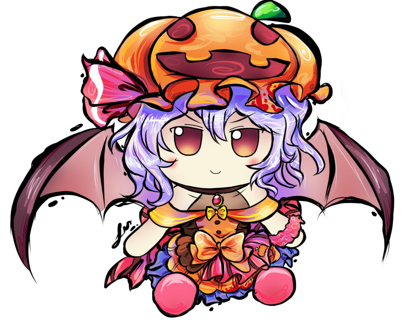 1girl bangs bare_shoulders bat_wings blue_dress blush bow brooch buttons chibi choker commentary dress dress_bow english_commentary eyebrows_visible_through_hair full_body fumo_(doll) hair_between_eyes halloween halloween_costume hat highres jack-o'-lantern jewelry layered_dress lis looking_at_viewer mob_cap multicolored_clothes multicolored_dress no_nose official_style orange_bow orange_dress orange_headwear outline pink_dress pink_footwear pink_wristband pumpkin pumpkin_hat pumpkin_print purple_hair red_eyes remilia_scarlet ribbon scrunchie signature simple_background smile solo touhou touhou_lost_word white_background wings wrist_scrunchie