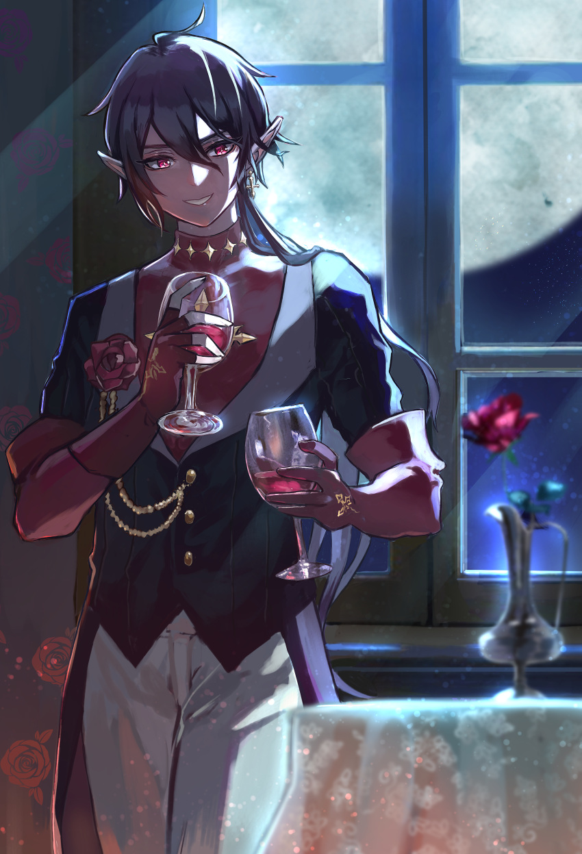 1boy absurdres ahoge aibon alcohol black_hair commentary cross cross_earrings cup dracula_(masterwork_apocalypse) drinking_glass earrings elbow_gloves fingerless_gloves flower gloves highres holding holding_cup indoors jewelry looking_to_the_side male_focus masterwork_apocalypse moon pants parted_lips pointy_ears red_eyes red_flower red_gloves short_hair single_fingerless_glove smile solo standing star-shaped_pupils star_(symbol) symbol-shaped_pupils teeth turtleneck vampire waistcoat white_pants window wine wine_glass