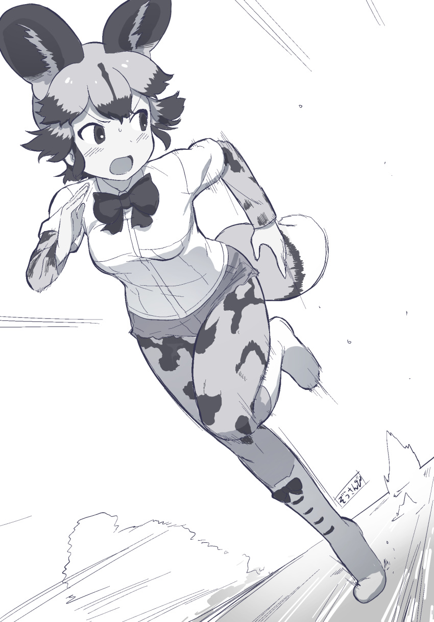 1girl african_wild_dog_(kemono_friends) african_wild_dog_print animal_ears blush bodystocking boots bow bowtie collared_shirt commentary_request day dog_ears dog_girl dog_tail dutch_angle extra_ears full_body greyscale highres kemono_friends layered_sleeves long_sleeves looking_back masuyama_ryou medium_hair monochrome motion_lines multicolored_hair open_mouth outdoors pantyhose running shirt short_over_long_sleeves short_shorts short_sleeves shorts sidelocks solo speed_lines tail v-shaped_eyebrows