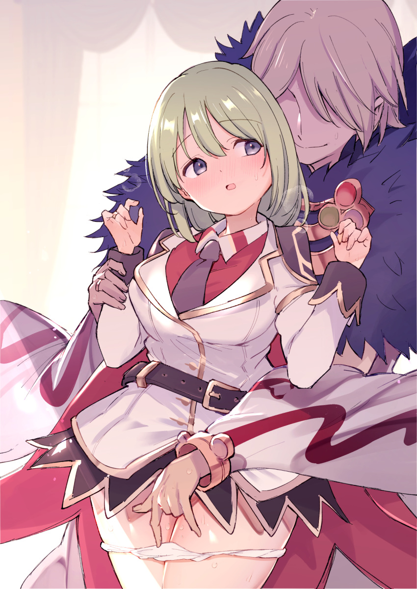 1boy 1girl bangle bangs belt black_belt black_necktie black_neckwear blazer blue_eyes blush bracelet breasts cape collared_shirt commentary_request cowboy_shot detached_sleeves epaulettes eyebrows_visible_through_hair faceless faceless_male fingering fur_collar genetic_(ragnarok_online) green_hair hetero highres holding_another's_wrist jacket jewelry large_breasts light_brown_hair looking_at_another looking_back medium_hair miya9 necktie official_alternate_costume open_mouth panties panty_pull ragnarok_online red_cape red_shirt reward_available shirt short_hair sorcerer_(ragnarok_online) underwear white_jacket white_panties white_sleeves