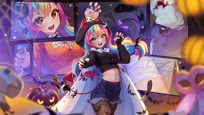 1girl bangs black_gloves black_nails blonde_hair blue_eyes blue_hair blue_shorts blurry blurry_foreground blush breasts claw_pose cowboy_shot demon_tail fingerless_gloves gloves halloween_costume hands_up heterochromia highres hyanna-natsu jack-o'-lantern looking_at_viewer medium_breasts midriff mimi_(picarto.tv) multicolored_hair navel open_mouth original picarto.tv pink_hair red_eyes shorts slit_pupils smile solo tail wide_shot wings