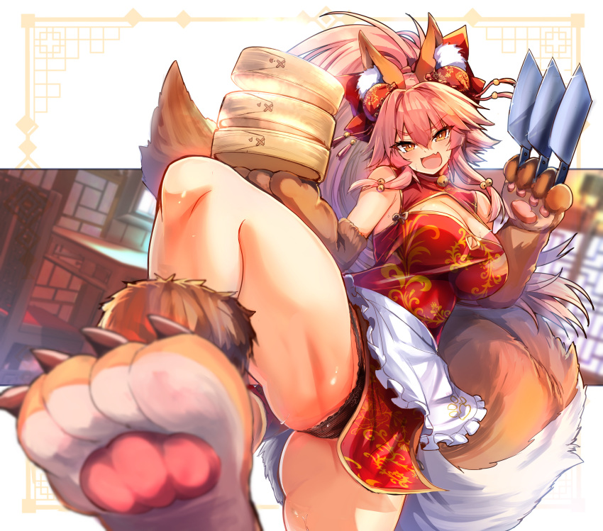 1girl :d animal_ear_fluff animal_hands apron bamboo_steamer bell black_panties cat_paws chair china_dress chinese_clothes cleavage_cutout cleaver clothing_cutout collar dress fang fate/grand_order fate_(series) fox_girl fox_tail gloves highres indoors panties pantyshot patterned_background paw_gloves pink_hair ponytail skin_fang smile solo table tail tamamo_(fate) tamamo_cat_(fate) underwear wisespeak