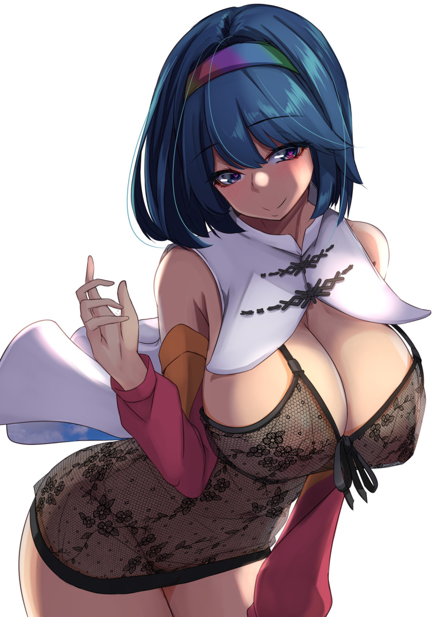 1girl blue_hair breasts cape cleavage detached_sleeves heart heart-shaped_pupils highres large_breasts lingerie multicolored_hairband nipples rainbow_order see-through short_hair solo symbol-shaped_pupils tenkyuu_chimata textless thick_thighs thighs touhou underwear yukito_(dreamrider)