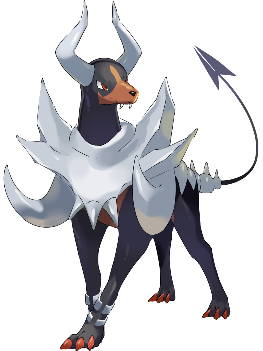 closed_mouth commentary_request fangs fangs_out full_body highres houndoom looking_to_the_side mega_houndoom mega_pokemon mian_(3zandora) no_humans pokemon pokemon_(creature) red_eyes simple_background standing white_background
