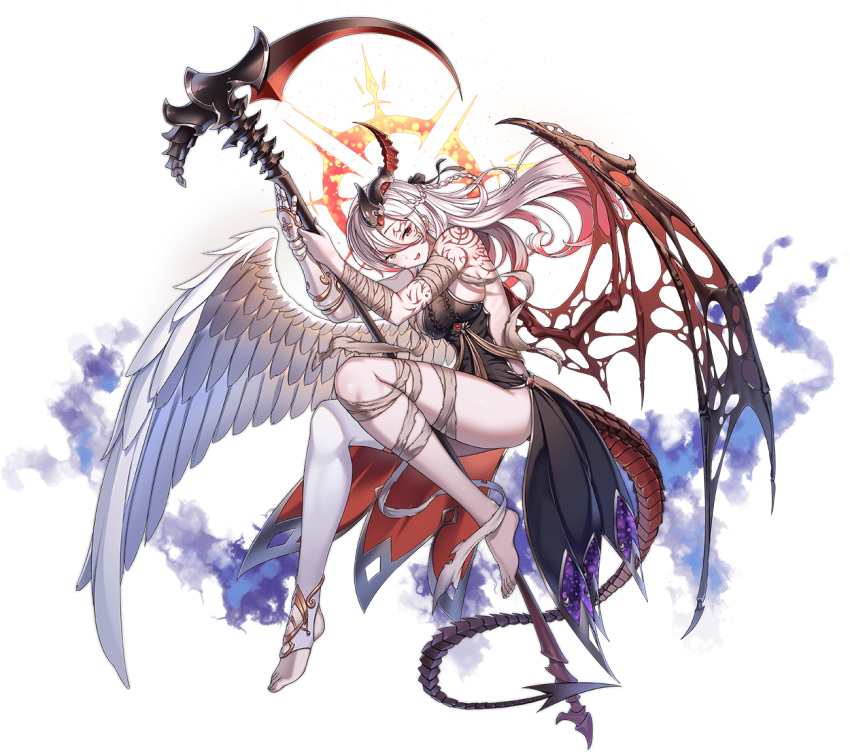 1girl :d angel angel_wings ark_order arm_tattoo artist_request bandaged_arm bandaged_leg bandages barefoot black_dress braid demon_girl demon_horns demon_tail demon_wings dress feathered_wings full_body gauntlets gloves halo heterochromia holding holding_scythe horns looking_at_viewer mismatched_wings mole mole_under_eye multicolored_hair official_art pale_skin red_eyes red_hair samael_(ark_order) scythe single_gauntlet single_horn single_thighhigh smile solo stirrup_legwear streaked_hair tachi-e tail tattoo thighhighs toeless_legwear transparent_background two-tone_hair white_feathers white_gloves white_hair white_legwear white_wings wings yellow_eyes