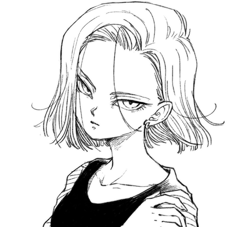 1girl android_18 bangs black_skirt closed_mouth collarbone commentary dragon_ball dragon_ball_z earrings expressionless eyelashes face greyscale hair_behind_ear hand_on_shoulder jewelry long_sleeves looking_at_viewer medium_hair monochrome simple_background sketch skirt solo tkgsize white_background