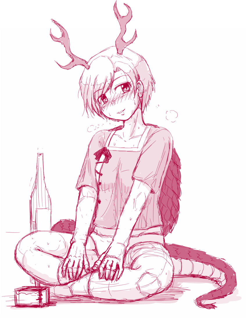 1girl akatuki_(yamina) alcohol antlers bangs blush commentary_request dragon_girl dragon_horns dragon_tail highres horns kicchou_yachie looking_at_viewer monochrome pants shirt short_hair short_sleeves simple_background sketch smile tail touhou turtle_shell white_background