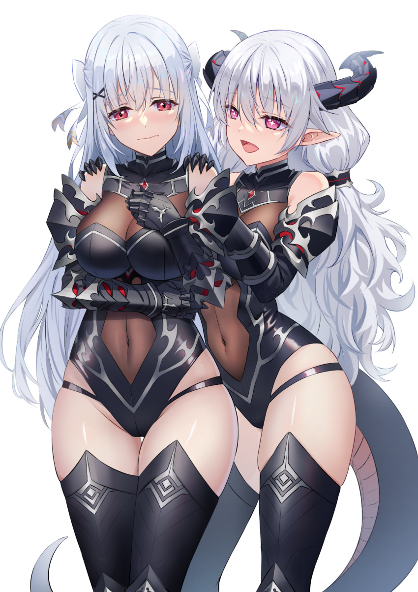 +_+ 2girls :d armor bangs bare_shoulders black_armor black_legwear black_leotard bodystocking bow breasts closed_mouth commentary_request covered_navel curled_horns detached_sleeves dragon_girl dragon_horns embarrassed eyebrows_visible_through_hair gauntlets grey_hair hair_between_eyes hair_bow hair_ornament hair_tubes half_updo hand_up hands_on_another's_shoulders highleg highleg_leotard highres horns large_breasts legs_together leotard long_hair looking_at_another looking_down matching_outfit multiple_girls original pink_eyes pointy_ears red_eyes shiny shiny_hair shiny_skin sidelocks simple_background sion_(9117) skindentation smile standing tail thigh_gap thighhighs white_background white_bow x_hair_ornament