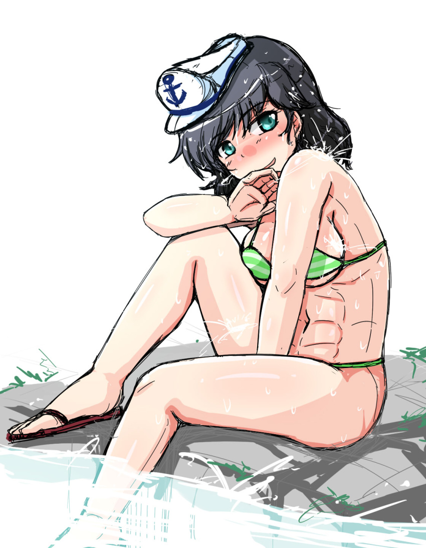 1girl abs akatuki_(yamina) bangs bikini black_hair blush eyebrows_visible_through_hair green_bikini green_eyes hat highres murasa_minamitsu open_mouth sailor_hat sandals short_hair sitting solo striped striped_bikini swimsuit touhou water wet