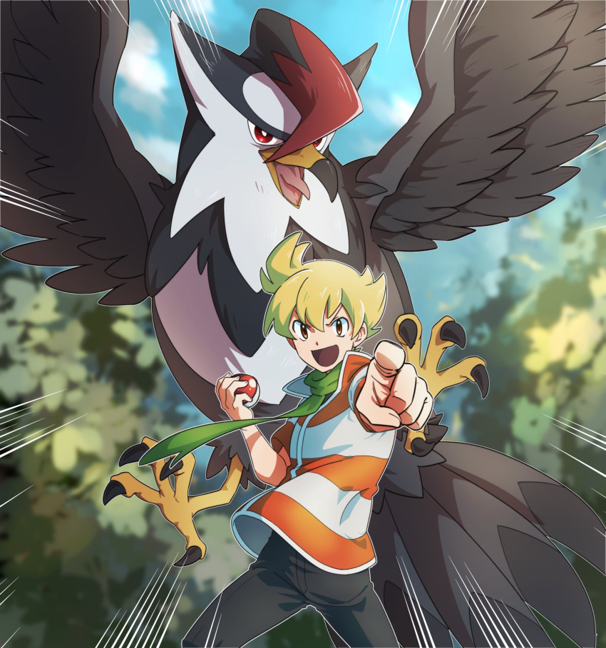 1boy :d barry_(pokemon) bird blonde_hair cloud commentary_request day emphasis_lines floating_scarf green_scarf grey_pants highres holding holding_poke_ball jacket legs_apart male_focus open_mouth orange_eyes outdoors pants pkpokopoko3 pointing poke_ball poke_ball_(basic) pokemon pokemon_(creature) pokemon_(game) pokemon_dppt scarf short_hair short_sleeves sky smile staraptor striped striped_jacket tongue