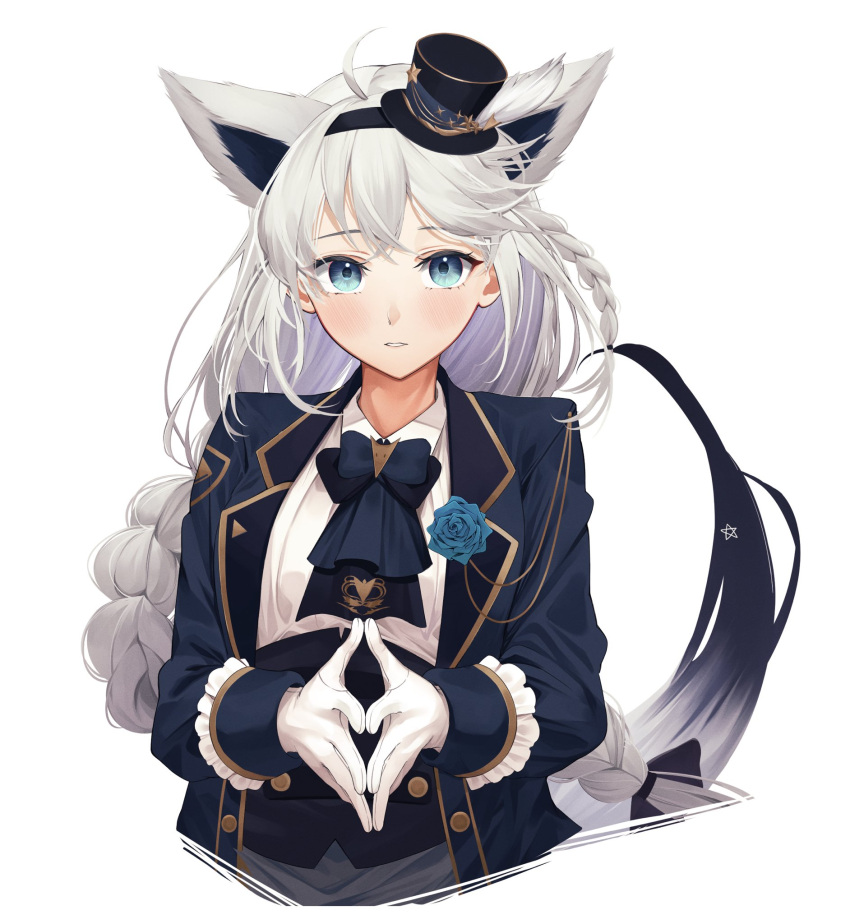 1girl ahoge animal_ears bangs black_hairband black_headwear blue_eyes blue_flower blue_jacket blush braid braided_ponytail commentary_request corset flower fox_ears fox_girl fox_tail gloves hairband hat highres hololive jacket long_hair long_sleeves looking_at_viewer mini_hat mini_top_hat own_hands_together parted_lips shirakami_fubuki shirt simple_background solo tail top_hat very_long_hair virtual_youtuber white_background white_gloves white_shirt yuya_(pixiv37335712)