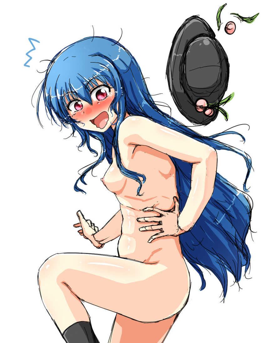 1girl akatuki_(yamina) bangs black_footwear black_headwear blue_hair blush breasts commentary_request embarrassed eyebrows_visible_through_hair food fruit hat hat_removed headwear_removed highres hinanawi_tenshi leaf long_hair looking_at_viewer medium_breasts nipples nude open_mouth peach purple_eyes ribs simple_background solo tears touhou wavy_mouth white_background