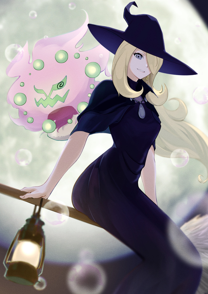 1girl absurdres alternate_costume arm_support bangs black_dress black_headwear blonde_hair blurry broom broom_riding bubble commentary_request cynthia_(pokemon) dress eyelashes floating_hair from_below grey_eyes hair_over_one_eye halloween hat highres lantern long_hair looking_down parted_lips pokemon pokemon_(creature) pokemon_(game) pokemon_dppt sitting smile spiritomb witch witch_hat yanagi_(soke_yanagi)