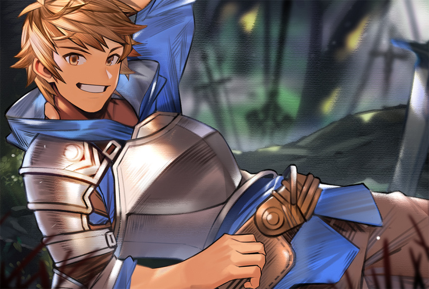 1boy arm_behind_head armor blue_hoodie brown_eyes brown_hair brown_pants commentary fighter_(granblue_fantasy) gran_(granblue_fantasy) granblue_fantasy grin hood hood_down hoodie looking_at_viewer lying male_focus nature on_ground on_side pants short_hair smile sword weapon yaowu