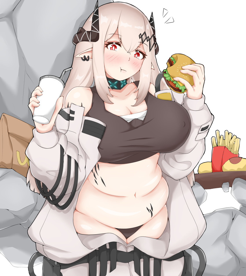 1girl :t absurdres arknights bangs black_choker black_panties blush breasts burger chest_sarashi choker cleavage commentary cowboy_shot crop_top cup disposable_cup drinking_straw elite_ii_(arknights) eyebrows_visible_through_hair eyeshadow food french_fries hair_between_eyes hands_up highres holding holding_cup horns infection_monitor_(arknights) large_breasts long_hair long_sleeves looking_at_viewer makeup midriff mudrock_(arknights) navel oripathy_lesion_(arknights) panties physisyoon plump pointy_ears red_eyes sarashi silver_hair solo sports_bra standing stomach underwear wcdonalds white_background