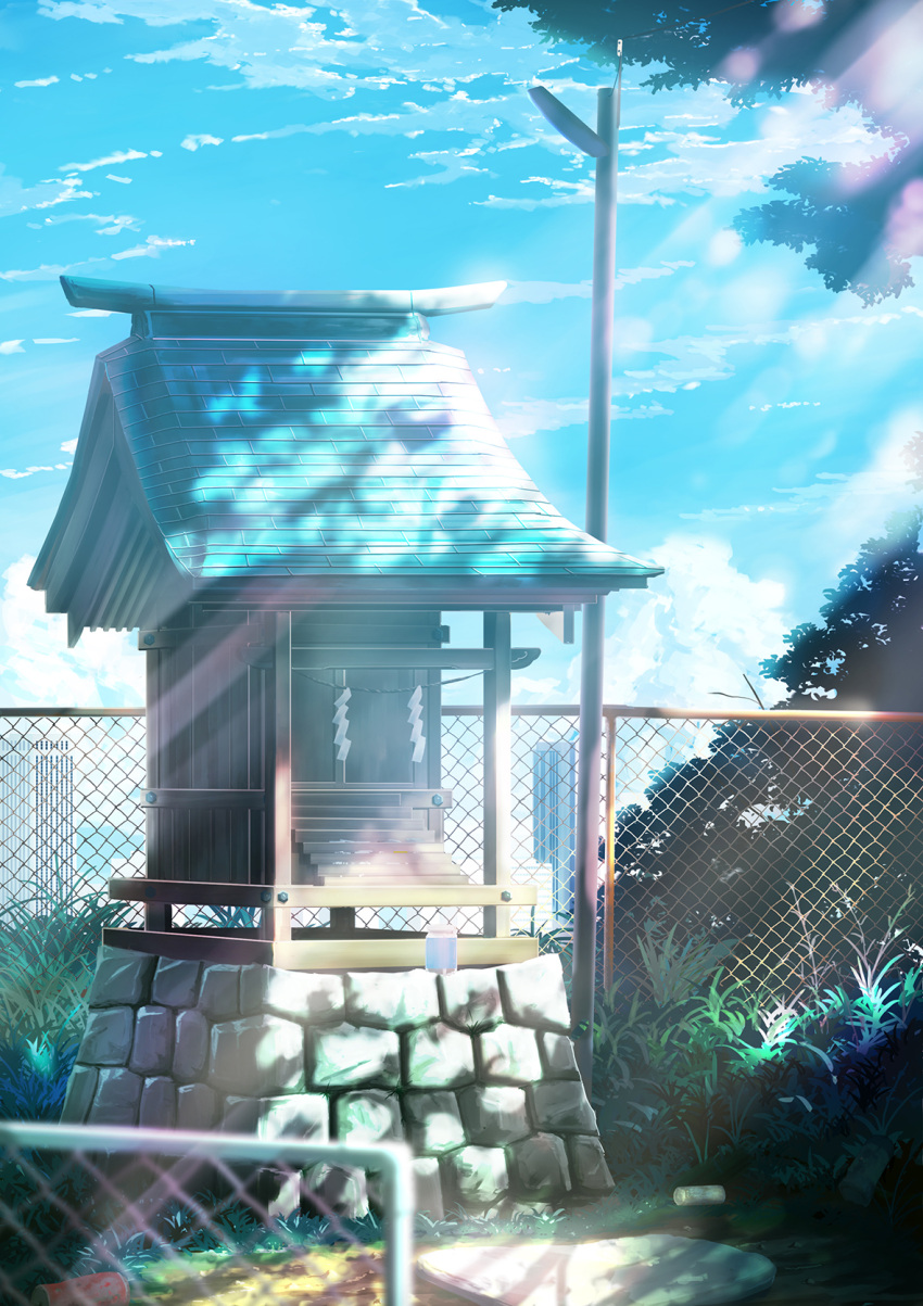 blue_sky building can city cityscape cloud commentary_request day fence grass hankachi_(okayama012) highres no_humans original plant religious_offering scenery shade shrine sky soda_can sunlight tree