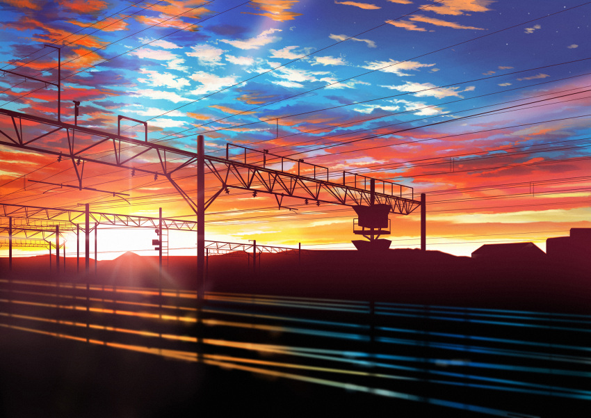 building cable cloud cloudy_sky commentary_request dusk evening fence hankachi_(okayama012) highres no_humans original railroad_tracks scenery silhouette sky sun sunlight sunset