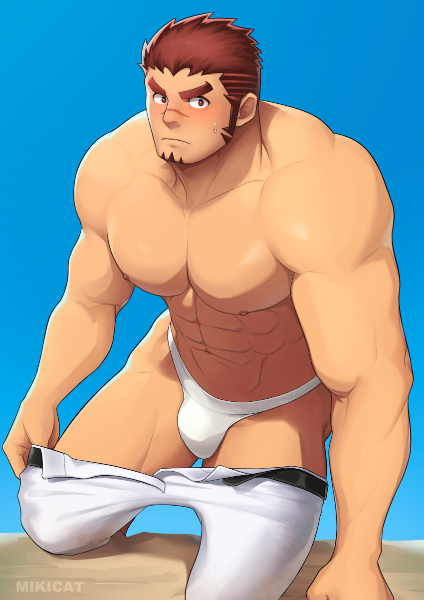 1boy abs absurdres akashi_(live_a_hero) bara blush briefs bulge clothes_pull facial_hair feet_out_of_frame goatee highres large_pectorals live_a_hero long_sideburns looking_at_viewer male_focus male_underwear mikicat muscular muscular_male navel nipples pants pants_pull pectorals pulled_by_self red_eyes red_hair scar scar_on_face scar_on_nose short_hair sideburns solo stomach thick_eyebrows thick_thighs thighs underwear undressing white_male_underwear white_pants