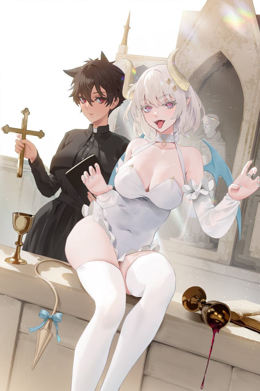 2girls alcohol borrowed_character breasts cirilla_lin claw_pose cleavage collar commentary_request cross dark-skinned_female dark_skin demon_girl demon_horns demon_tail grail heart heart-shaped_pupils highres horns large_breasts leotard micchan_(ohisashiburi) multiple_girls nacchan_(ohisashiburi) original priest red_eyes short_hair sitting spill symbol-shaped_pupils tail thighhighs tongue tongue_out white_hair white_legwear white_leotard wine