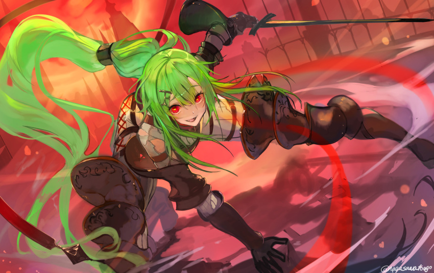 1girl absurdly_long_hair armored_boots boots girls'_frontline glowing glowing_eyes green_hair heart heart-shaped_pupils highres holding holding_sword holding_weapon long_hair long_shirt medieval mk48_(girls'_frontline) nagasawa_tougo pants ponytail red_eyes shirt solo sword symbol-shaped_pupils vambraces very_long_hair weapon white_pants white_shirt