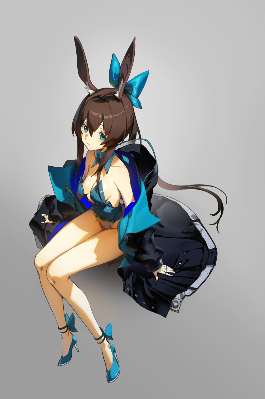 1girl absurdres alternate_costume amiya_(arknights) animal_ear_fluff animal_ears arknights black_jacket blue_bow blue_collar blue_eyes blue_footwear blue_leotard bow breasts brown_hair collar collarbone commentary detached_collar from_above grey_background hair_between_eyes hair_bow high_heels highres jacket jewelry leotard long_hair looking_at_viewer multiple_rings off_shoulder olys open_clothes open_jacket oversized_breast_cup ponytail rabbit_ears ring sidelocks simple_background sitting small_breasts solo symbol-only_commentary tied_hair